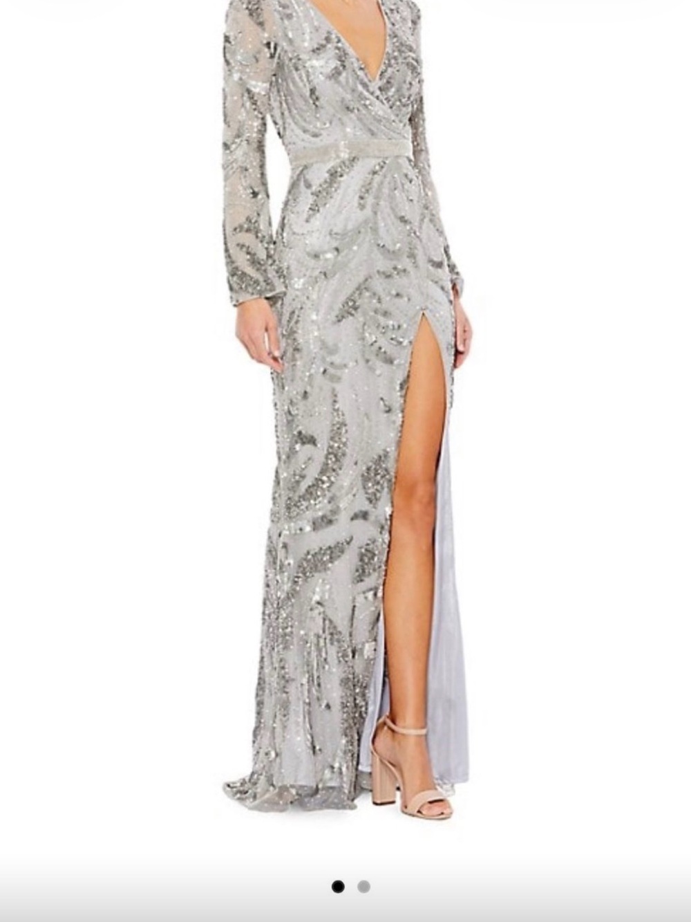 Mac Duggal Silver Sequin Long Sleeve V-Neck Evening Gown with Thigh Slit